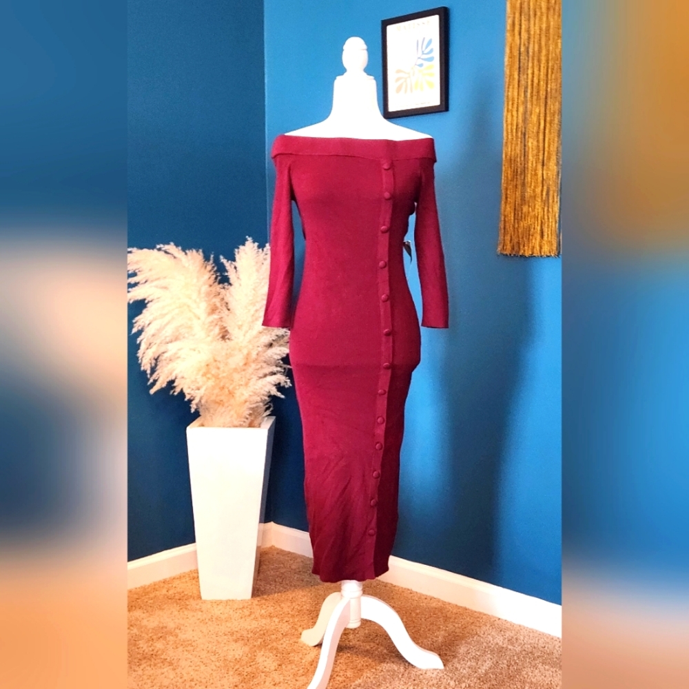 NWT NY&Co Eva Mendes Burgundy Off Shoulder Knit Maxi Dress